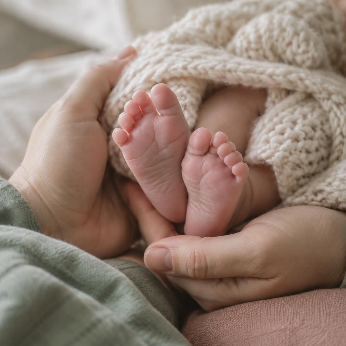 Les petits pieds d'un nouveau-né reposant dans les mains de son parent