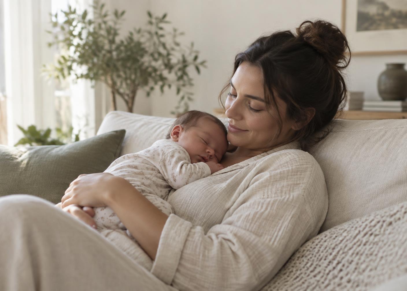 Un parent se repose sur un canapé, son nouveau-né endormi contre lui